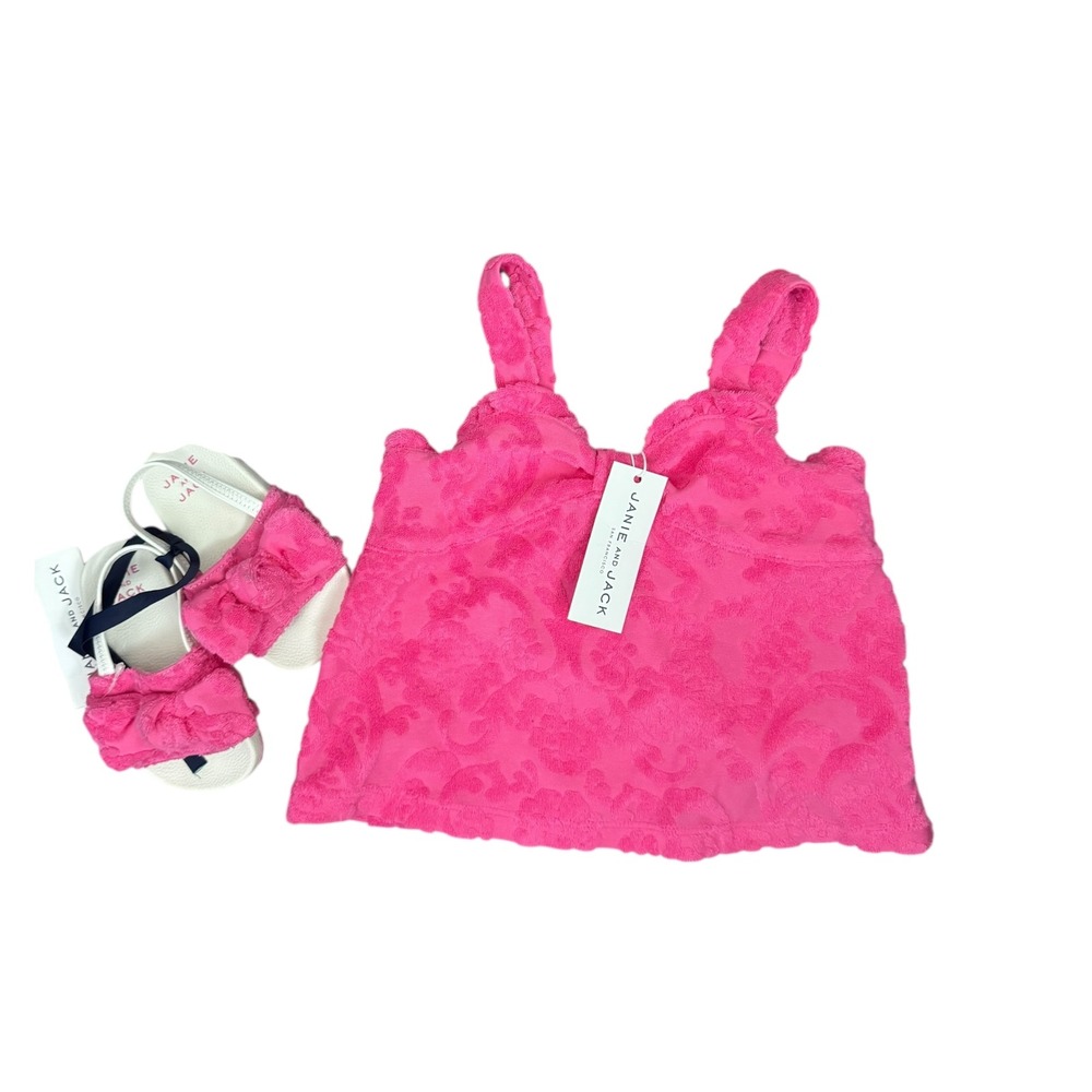 Janie and Jack Girls Bright Pink Terry‎ Tank Top 3T and Bow Sandals Size 6 NEW